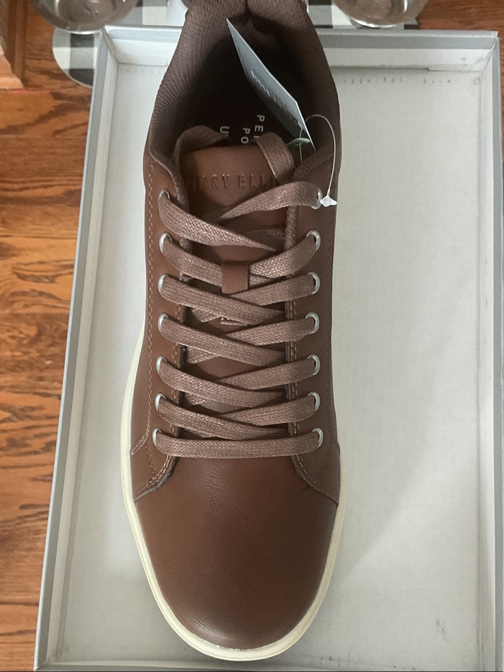 Perry Ellis Brown Leather Low-Top Sneaker with Off-White Solenew men’s Perry ELL